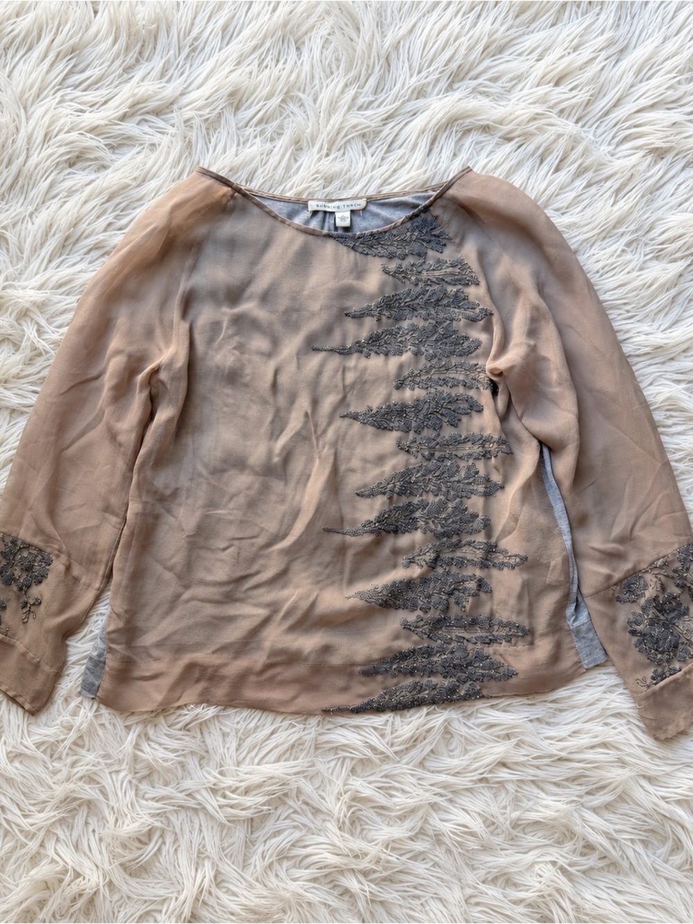 Burning Torch Silk Embroidered Blouse Small Boho Sheer Taupe Gray Mixed Media